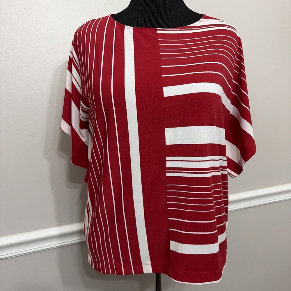 Chico's Top Womens‎ Size 0 Small Red White Knit Short Sleeve Slinky Liquid Tunic